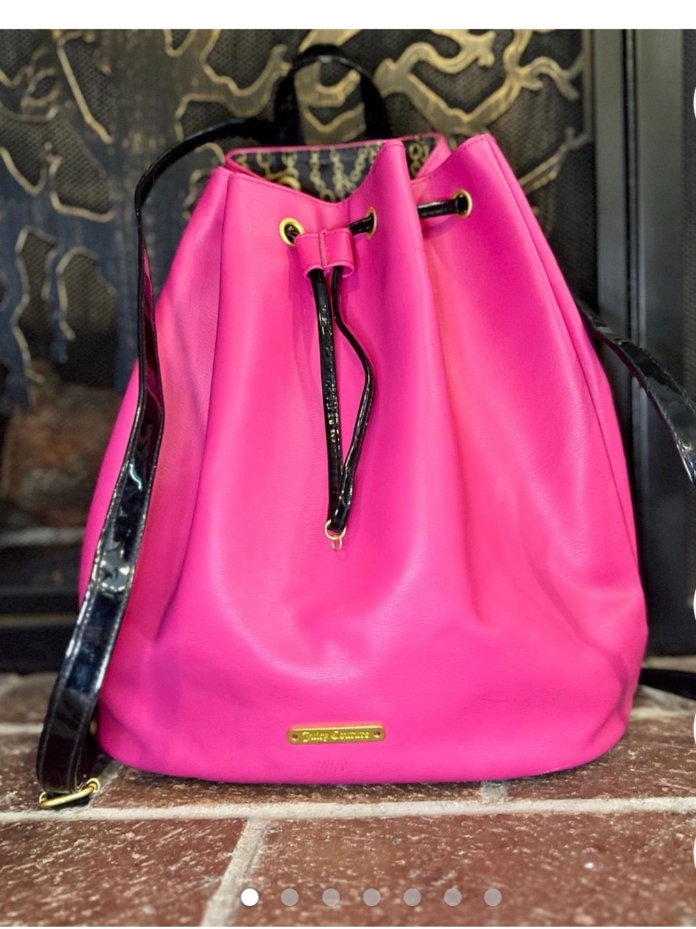 Juicy Couture Hot Pink Drawstring Bucket Bag with Black Trim